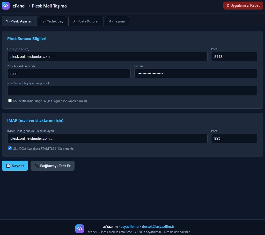 cPanel → Plesk E-Posta Göçü uygulamasından bir ekran