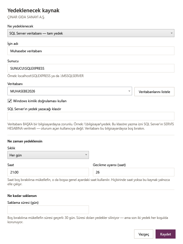Veritabanı Yedeğinin Tanımlanması